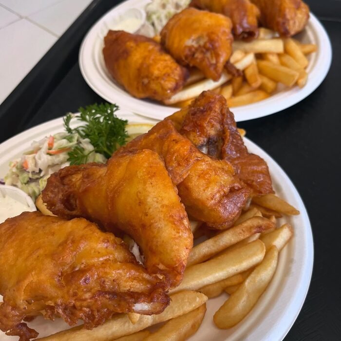 Baskets of hand-battered fish and chips