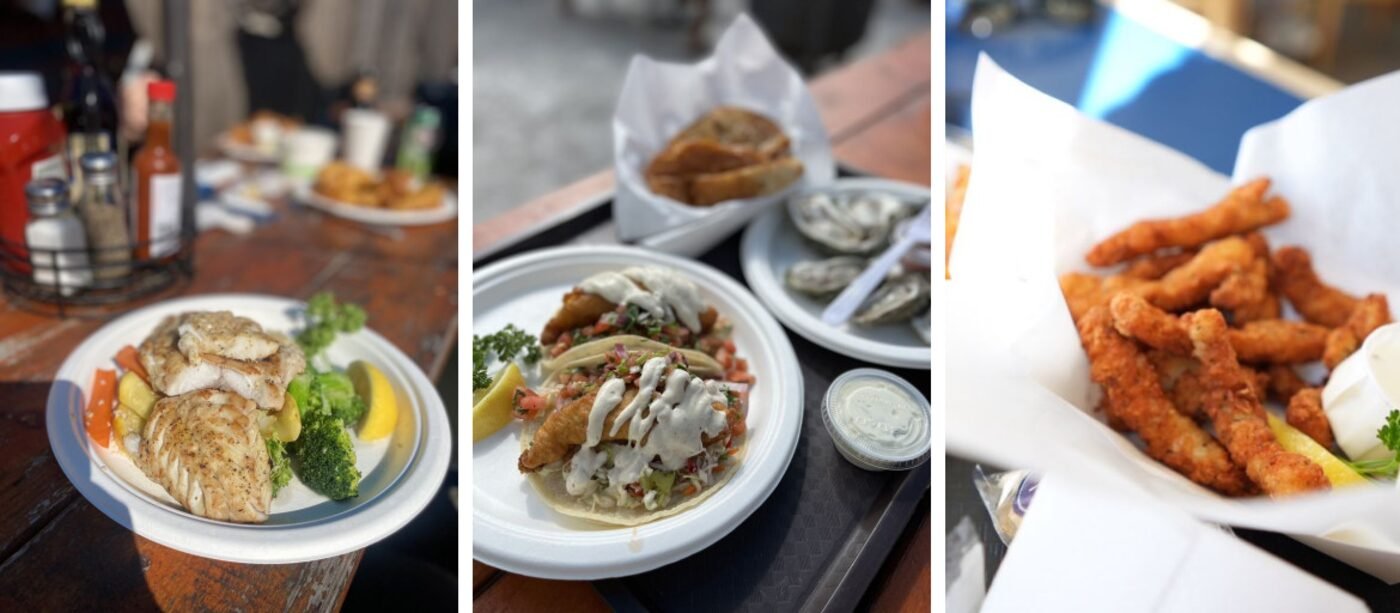 Grilled fish plate, fish tacos with oysters, and a basket of fried shrimp