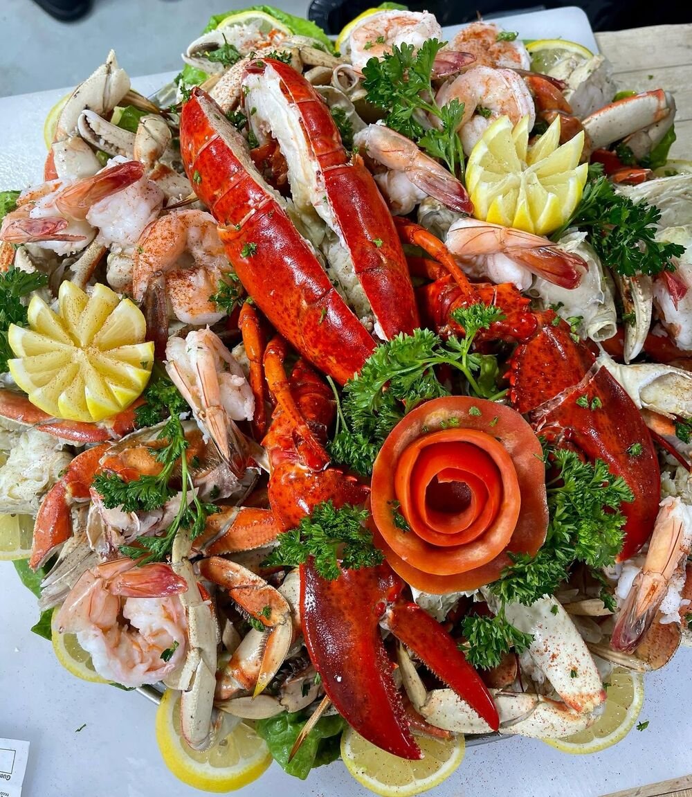A towering seafood platter of lobster, crab and shrimp
